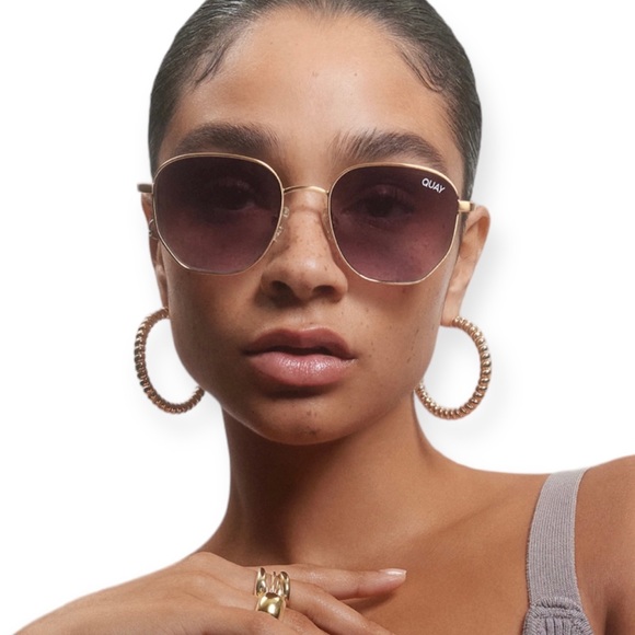 QUAY Big Time Sunglasses Rose Gold Frame Navy Peach Gradient Lenses Medium Round - Picture 1 of 9